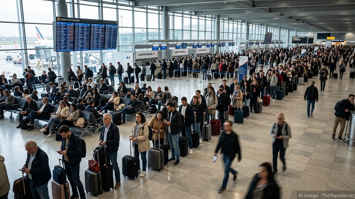 Crowded departure hall at Paris airport with passengers queuing and checking delayed flights on departure boards.