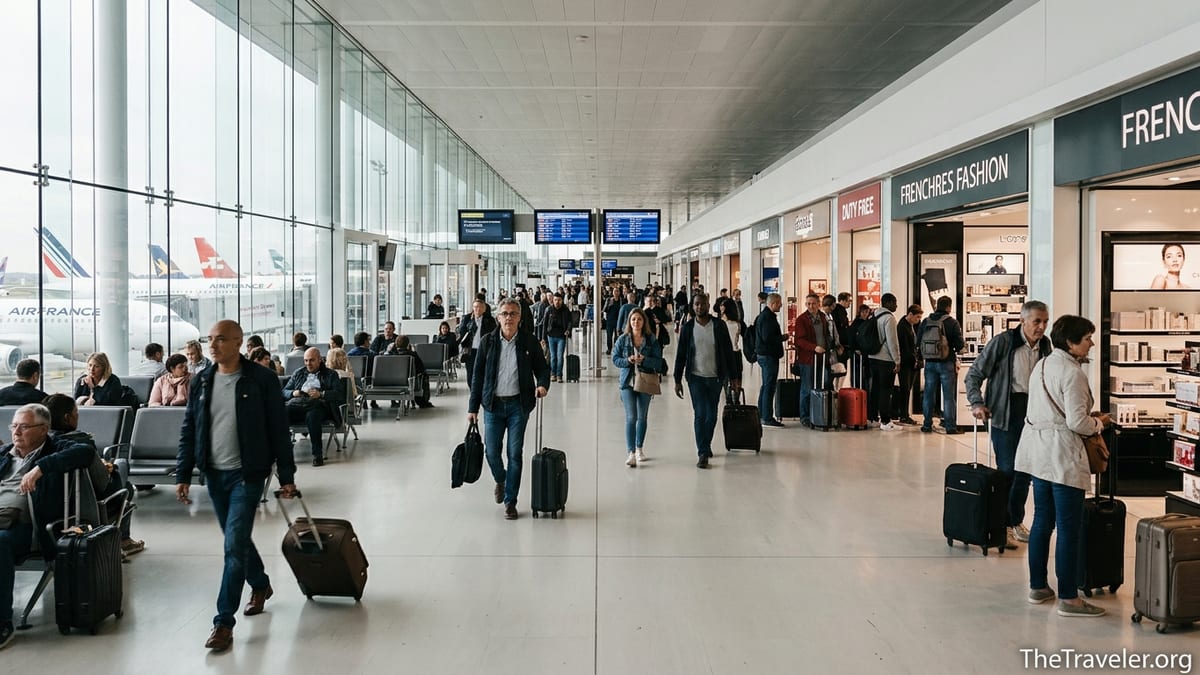 Travelers walking through Paris Charles de Gaulle Terminal 2E with aircraft visible through large glass windows.