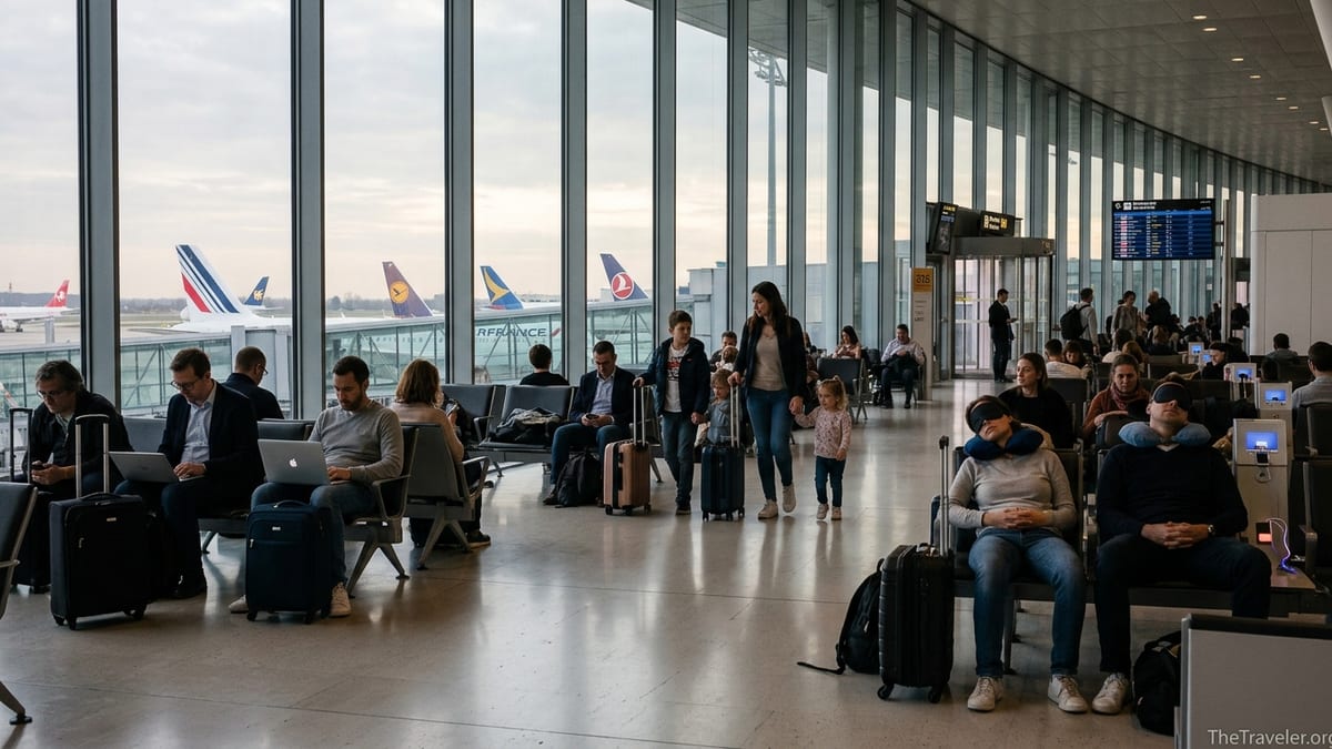 Travelers resting and waiting in a bright boarding area at Paris Charles de Gaulle Terminal 2E.