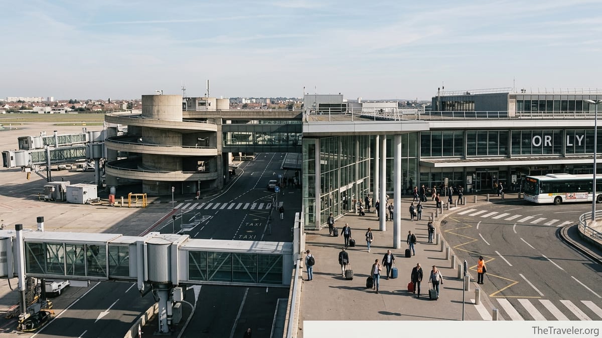 Busy exterior concourses at Paris CDG and Orly terminals with travelers and taxis.