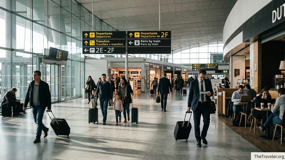 Travelers walking through Paris Charles de Gaulle Terminal 2E departures hall with signs for flights and trains.