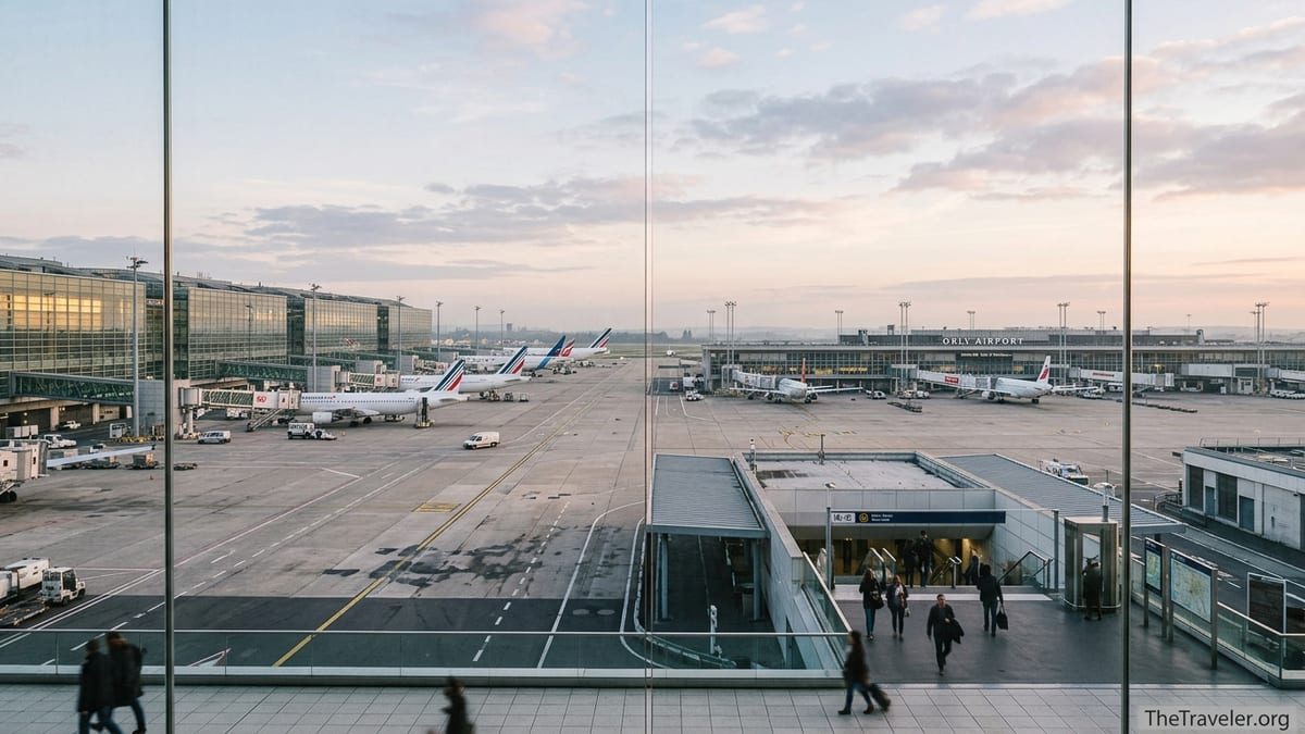 Wide view of Paris Charles de Gaulle and Orly airport terminals at dawn with aircraft and passengers.