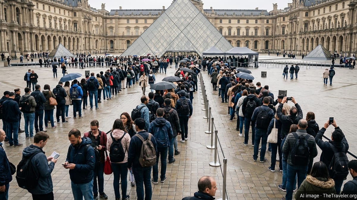 Crowds of tourists queue outside the Louvre pyramid in Paris on an overcast day.