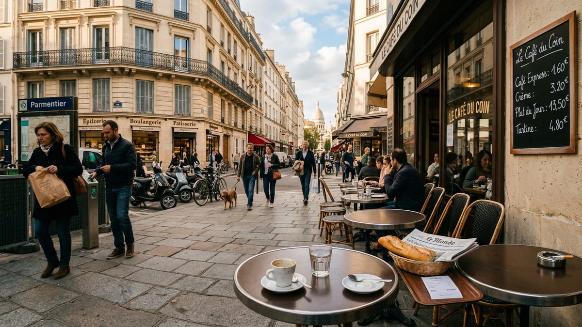 Everyday Paris street café with locals, bakery bag and metro entrance at golden hour.