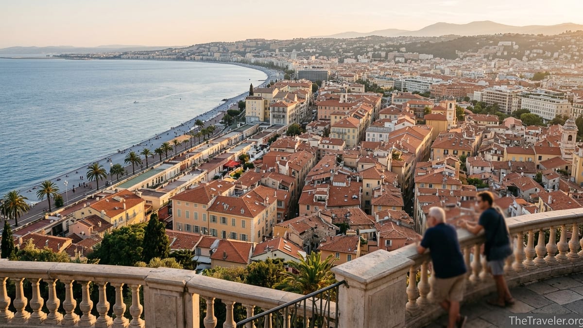 View over Nice Old Town and the Baie des Anges at golden hour from a hilltop terrace.