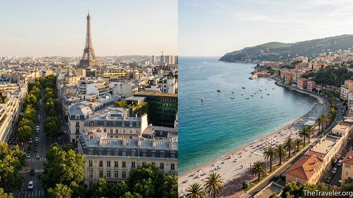 View over Paris and the French Riviera contrasting city rooftops and a Mediterranean shoreline at golden hour.