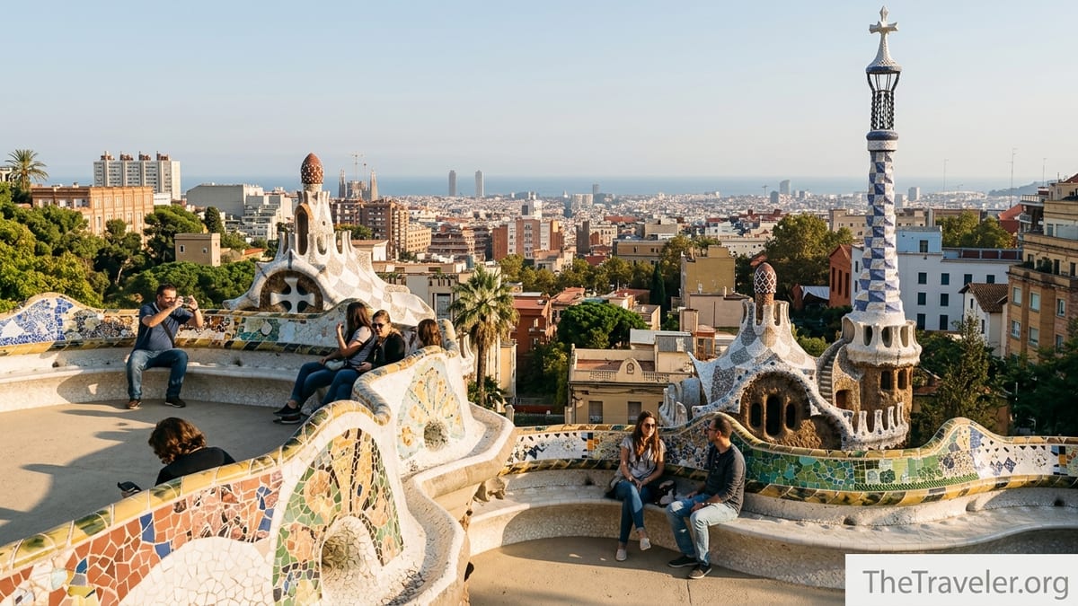 Panoramic view of Barcelona from Park Güell’s mosaic terrace with travelers enjoying the skyline.