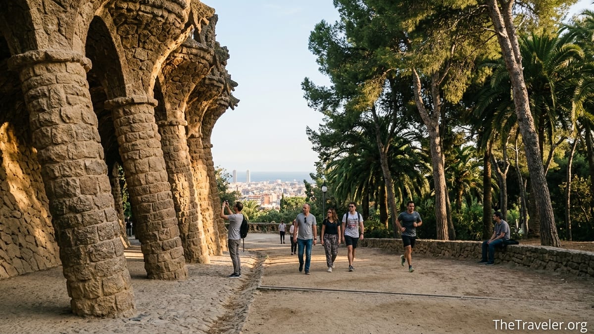 Stone viaduct and shaded path in Park Güell with visitors walking under pine trees