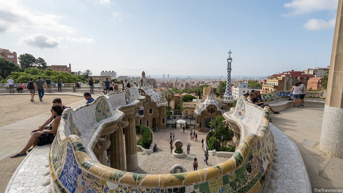 Visitors relaxing on Park Güell’s mosaic terrace with Barcelona skyline in the background.