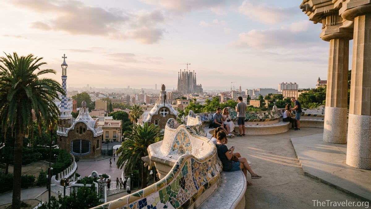 View from Park Güell terrace over Barcelona with Sagrada Família on the skyline at sunset.
