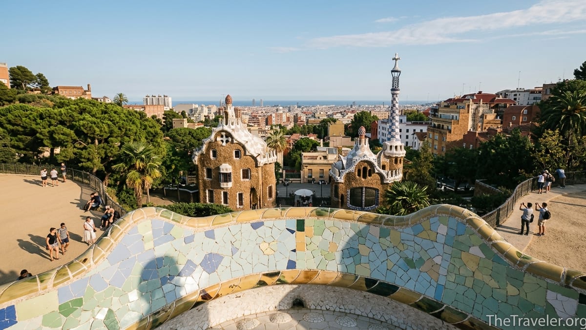 View across Park Güell’s mosaic terrace showing its vast hillside setting above Barcelona.