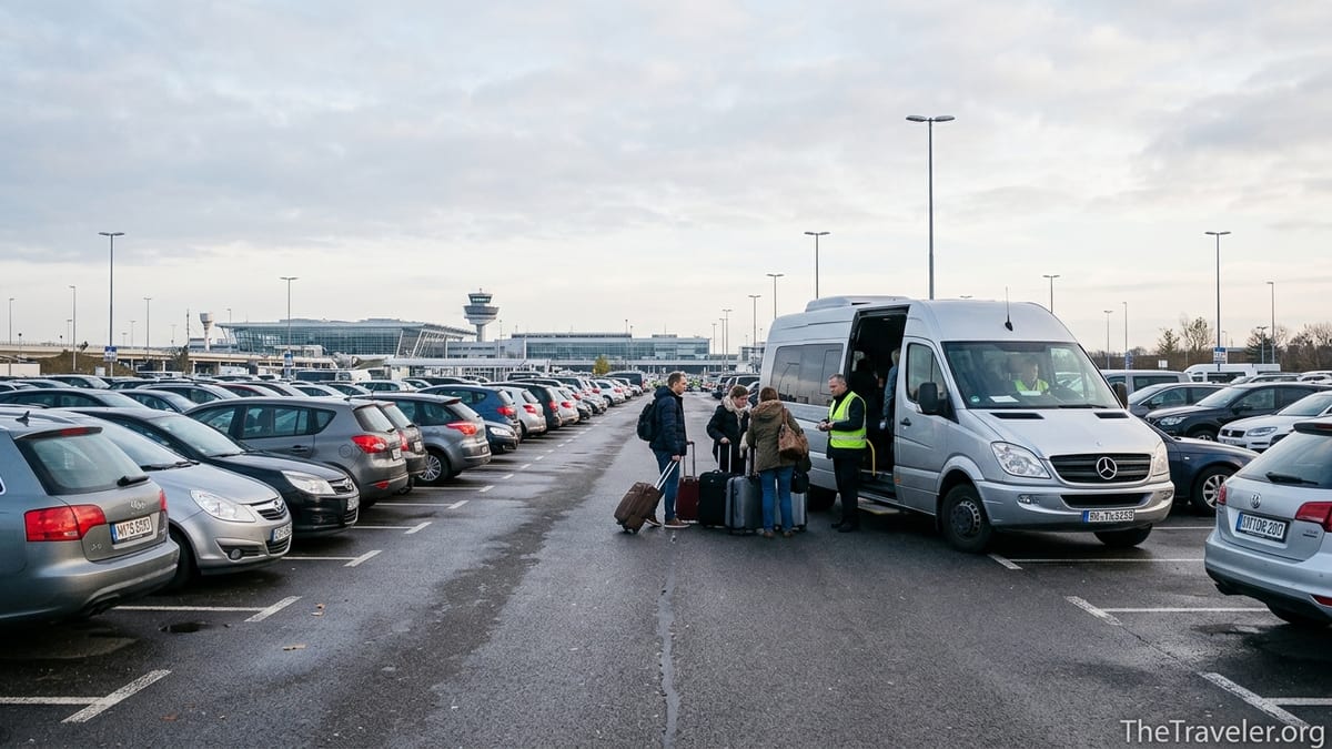 Travelers boarding an airport parking shuttle in a large off-site lot near a terminal.