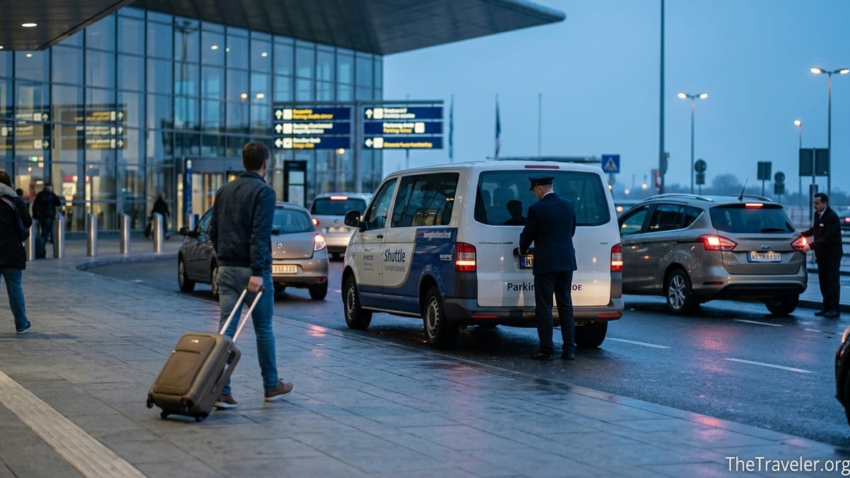 Traveler handing a car to an airport parking shuttle near a European terminal at dawn.
