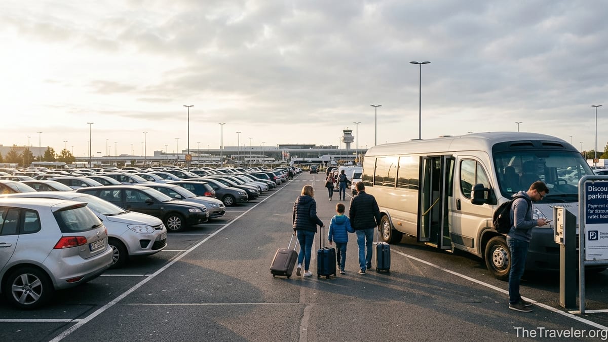 Travelers boarding a shuttle bus in an off-airport parking lot near a terminal at sunrise.
