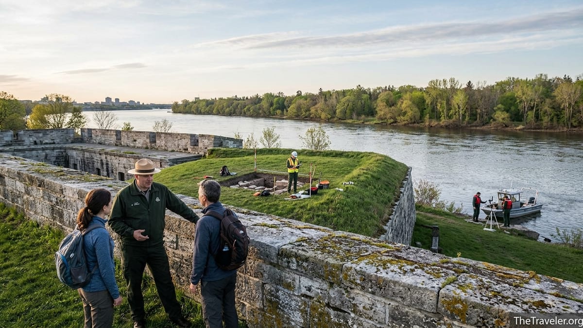 Parks Canada staff and visitors beside historic fort walls overlooking a river and forested shoreline at sunrise.