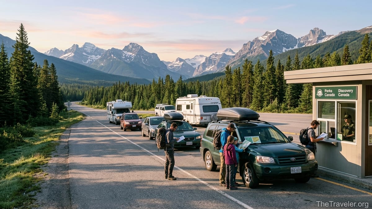 Cars and campers line up at a Parks Canada entrance kiosk in Banff at sunrise.