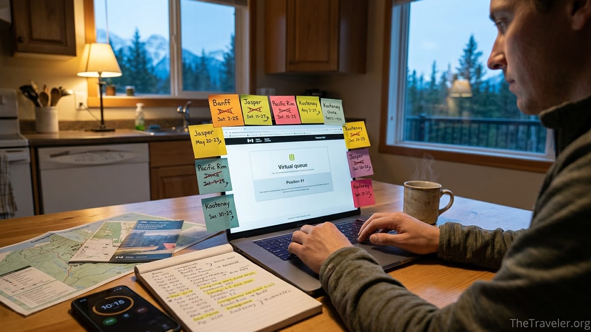 Traveler at kitchen table at dawn struggling with a Parks Canada online reservation queue.