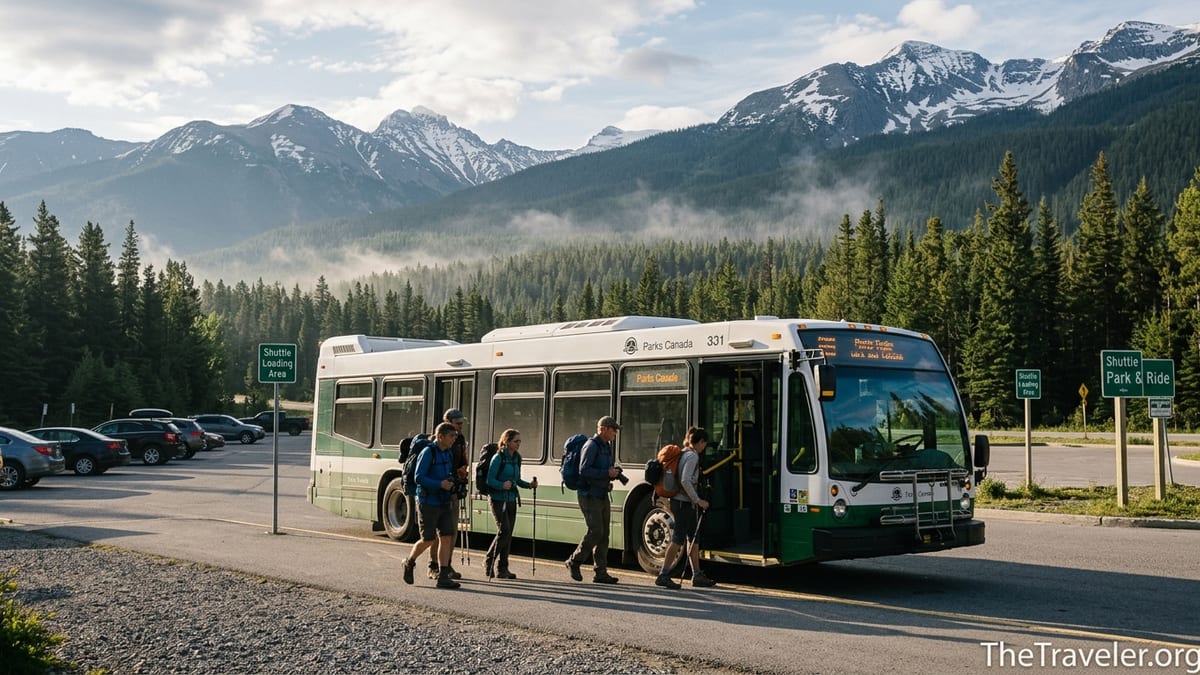 Parks Canada shuttle bus loading hikers with Rocky Mountain peaks in the background.