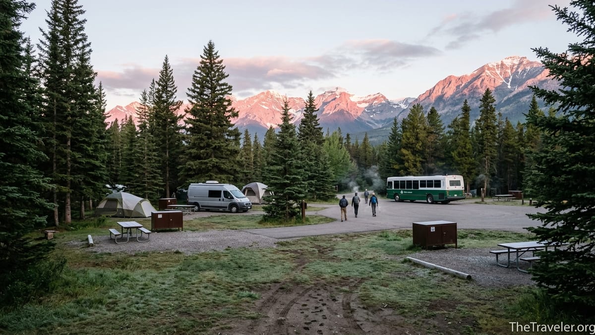 Parks Canada shuttle bus picking up campers at a forested mountain campground at sunrise.