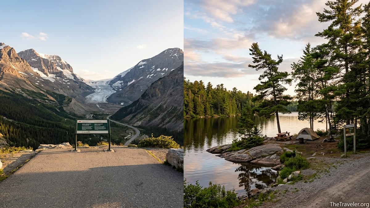 View blending a Canadian national park valley and a quiet lakeside provincial campground at sunset.