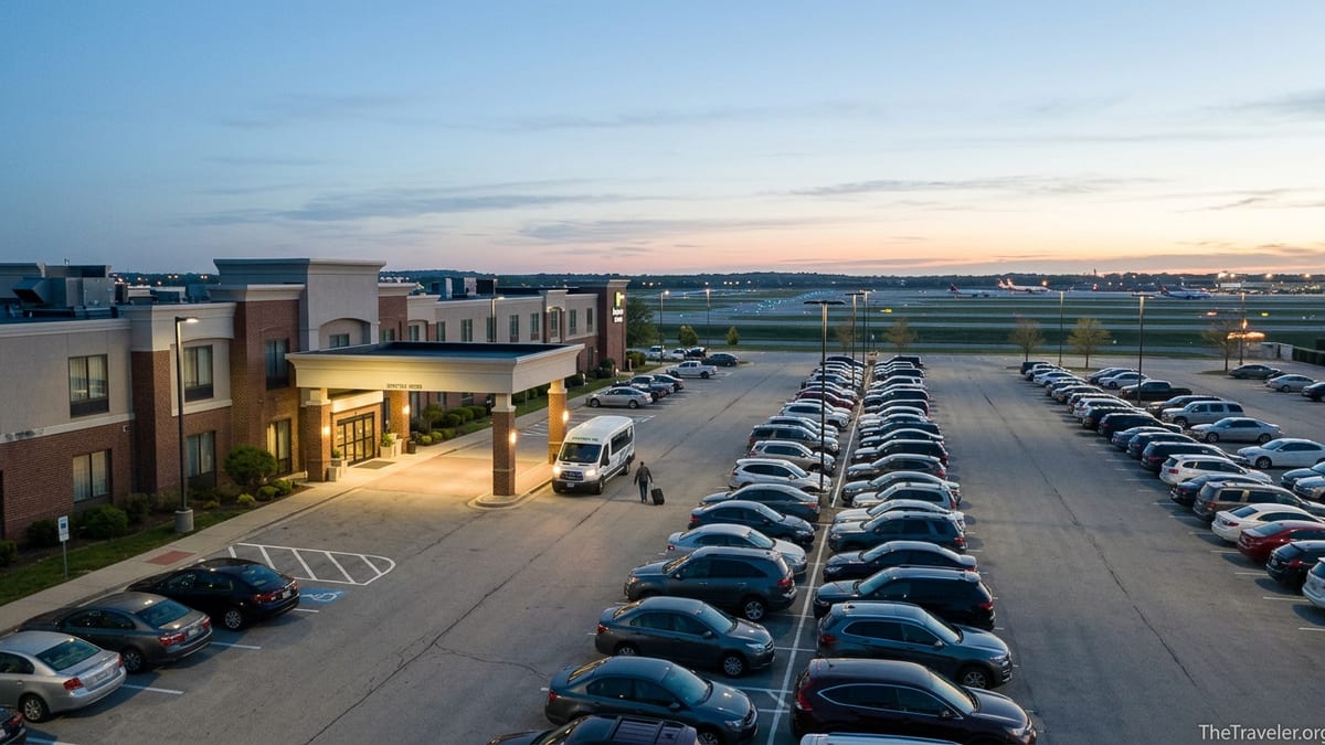 Airport hotel with shuttle van and long-term parking lot at dawn