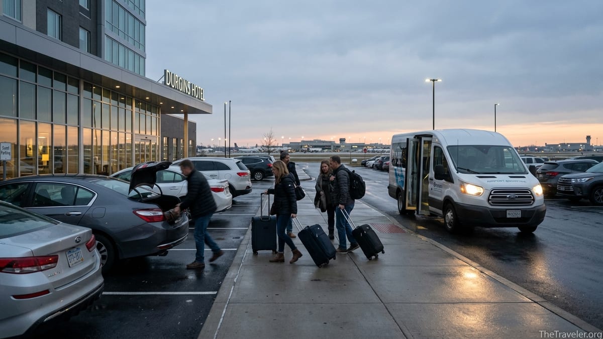 Travelers walking from an airport hotel through a parking lot toward a shuttle van before an early flight.