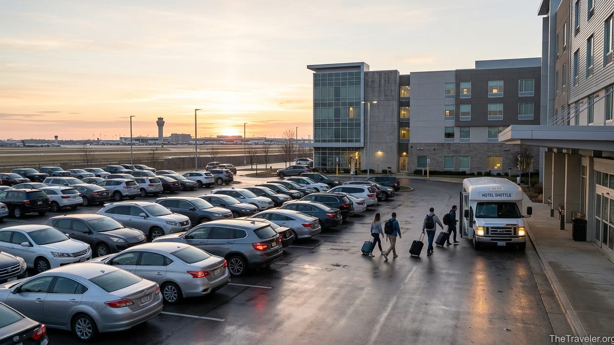 Travelers boarding an airport hotel shuttle at dawn in a parking lot near a terminal.