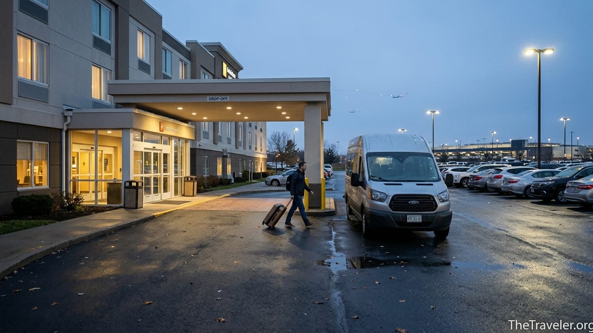 Traveler walking from an airport hotel entrance toward a shuttle van in a pre-dawn parking lot.
