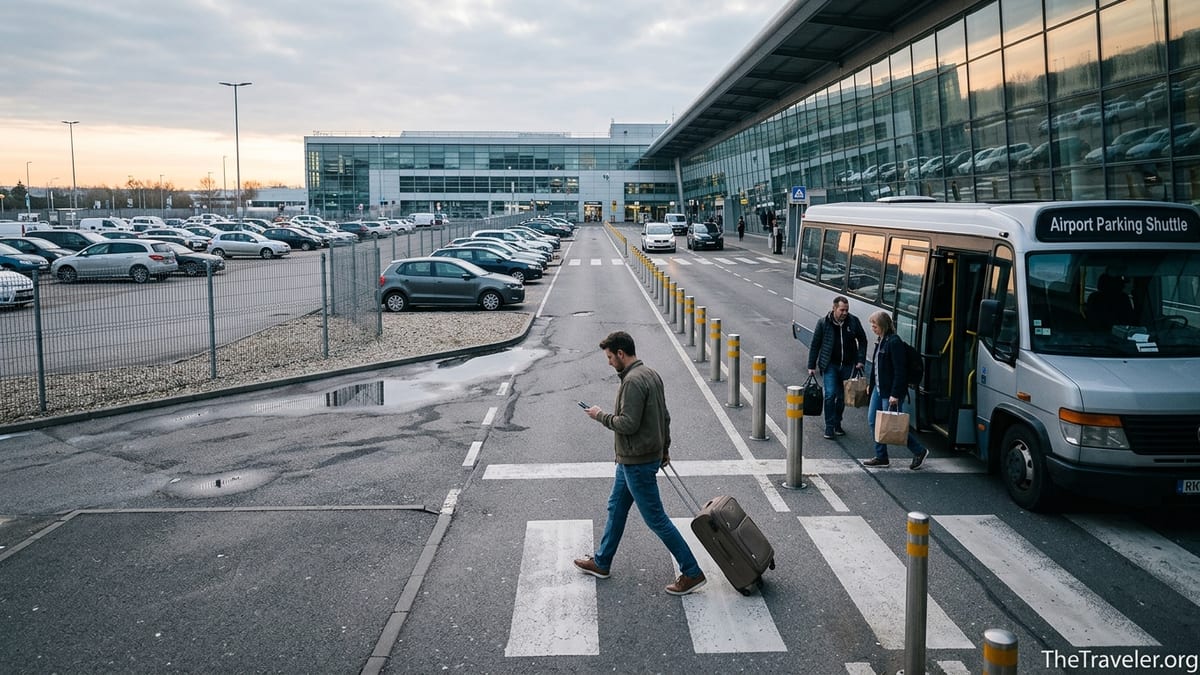 Traveler with suitcase walking from off-site parking shuttle toward a busy airport terminal at dawn.