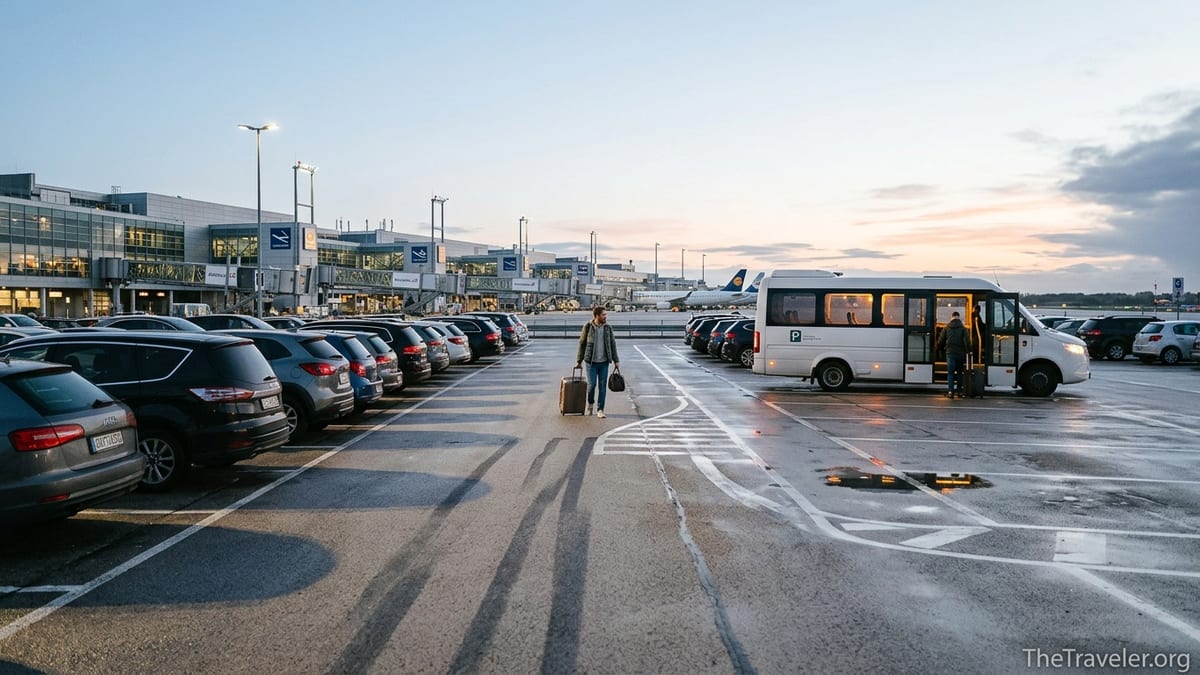 Traveler walking through airport car park at dawn toward terminal and shuttle bus