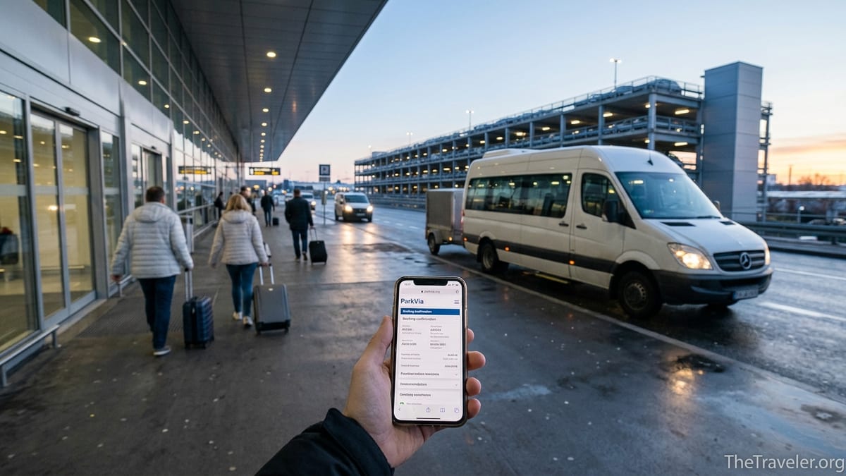 Traveler holding phone with parking booking open outside a busy airport at dawn.