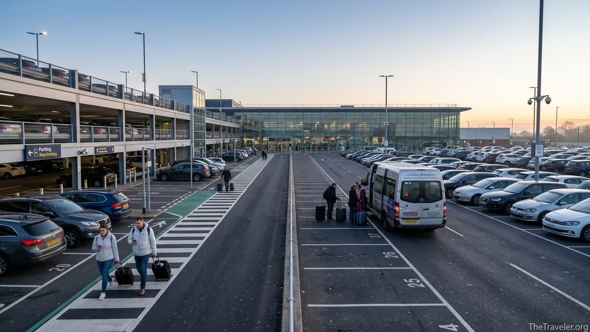 Early morning travelers walking from airport car parks toward a glass terminal.