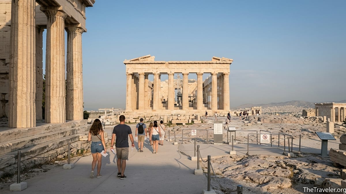 Visitors walking toward the Parthenon on the Acropolis in soft morning light holding entrance tickets.