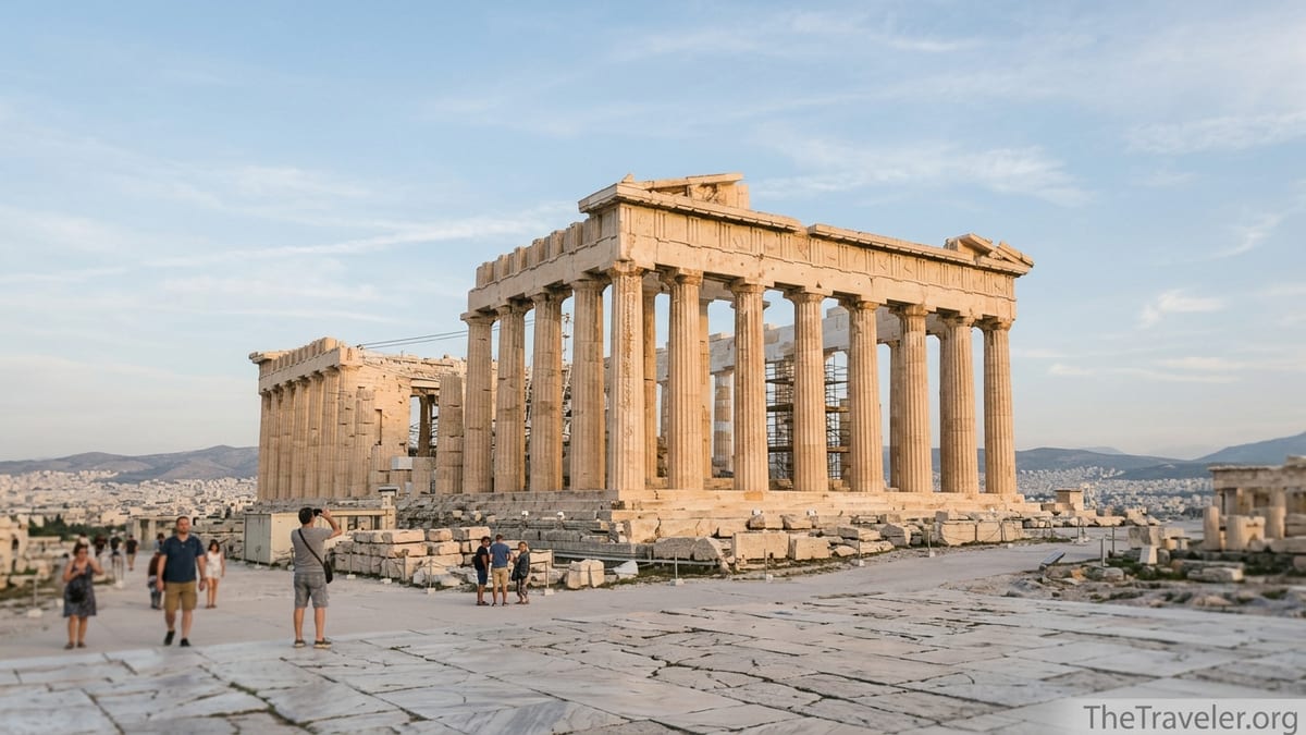 South side view of the Parthenon on the Acropolis, warm afternoon light on Doric columns and Pentelic marble.