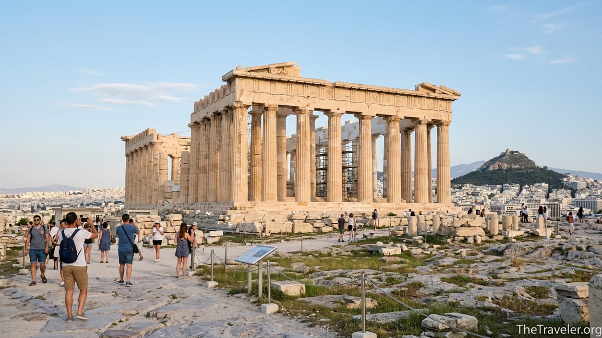View of the Parthenon on the Acropolis hill with visitors walking along the stone path in Athens.