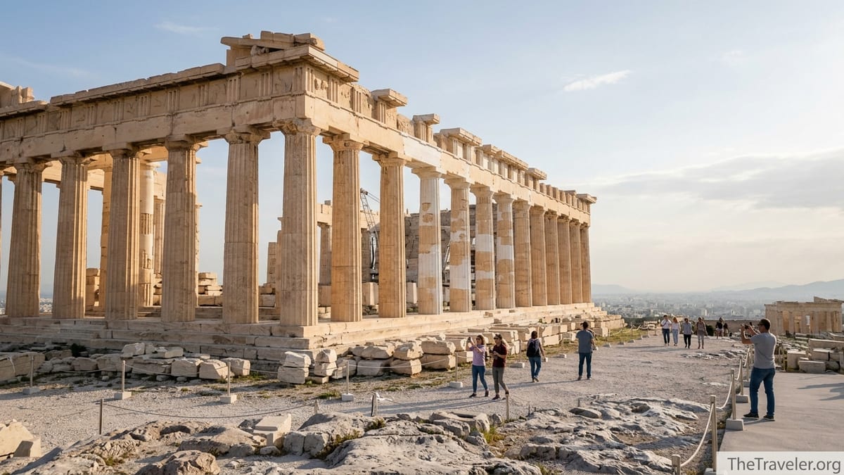 View of the Parthenon’s north colonnade in afternoon light with visitors walking along the Acropolis path.