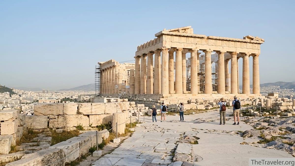Early morning view of the Parthenon on the Acropolis with visitors walking along the ancient stone path.