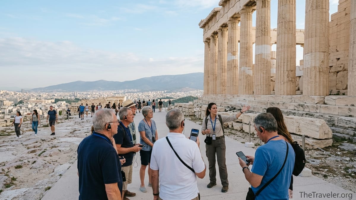 Small tour group with guide near the Parthenon at sunrise overlooking Athens