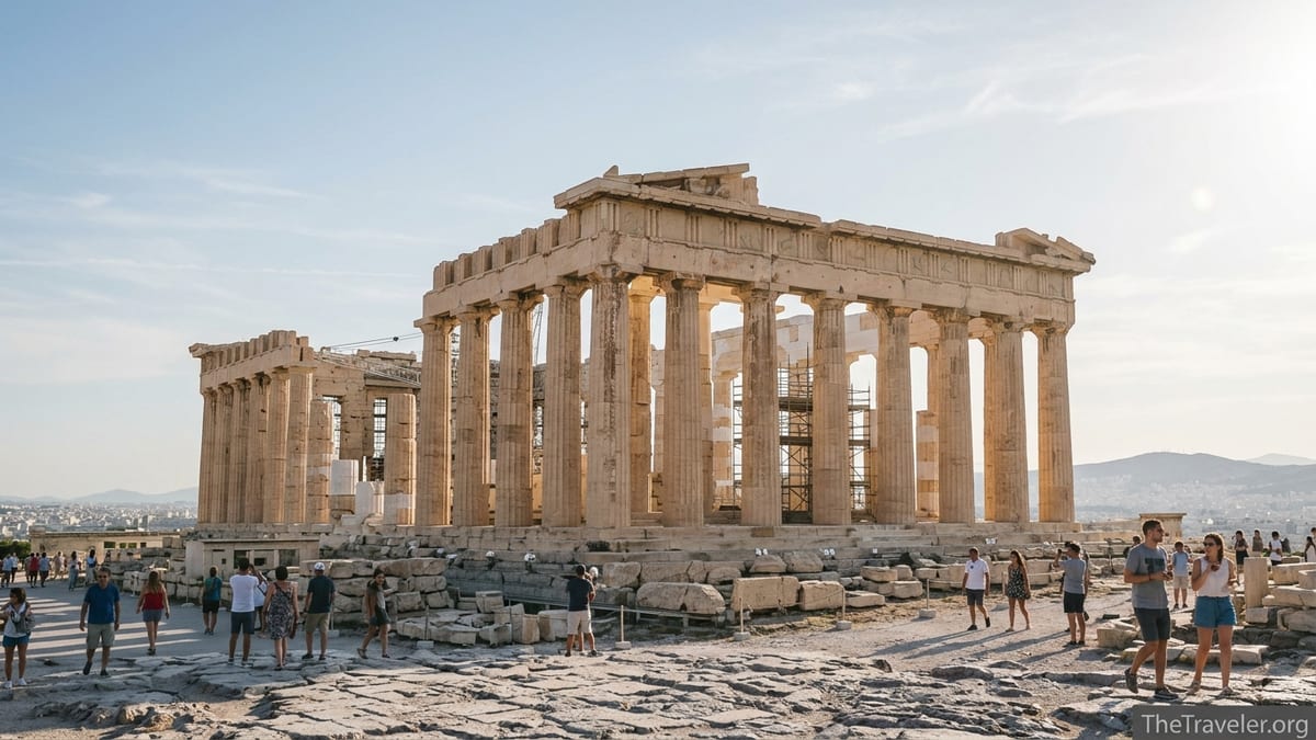 Late afternoon view of the Parthenon on the Acropolis with visitors and Athens in the background.