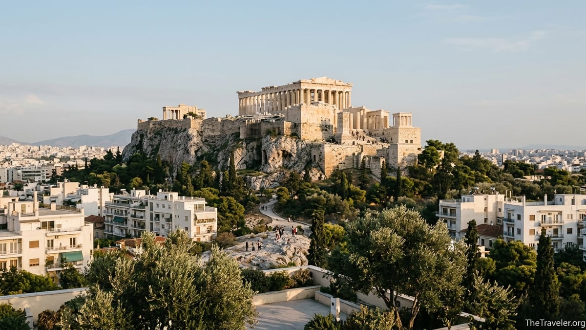 View of the Acropolis hill with the Parthenon above Athens in late afternoon light