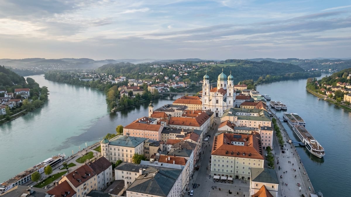 High-angle view of Passau's old town and the meeting point of Danube, Inn, and Ilz rivers.