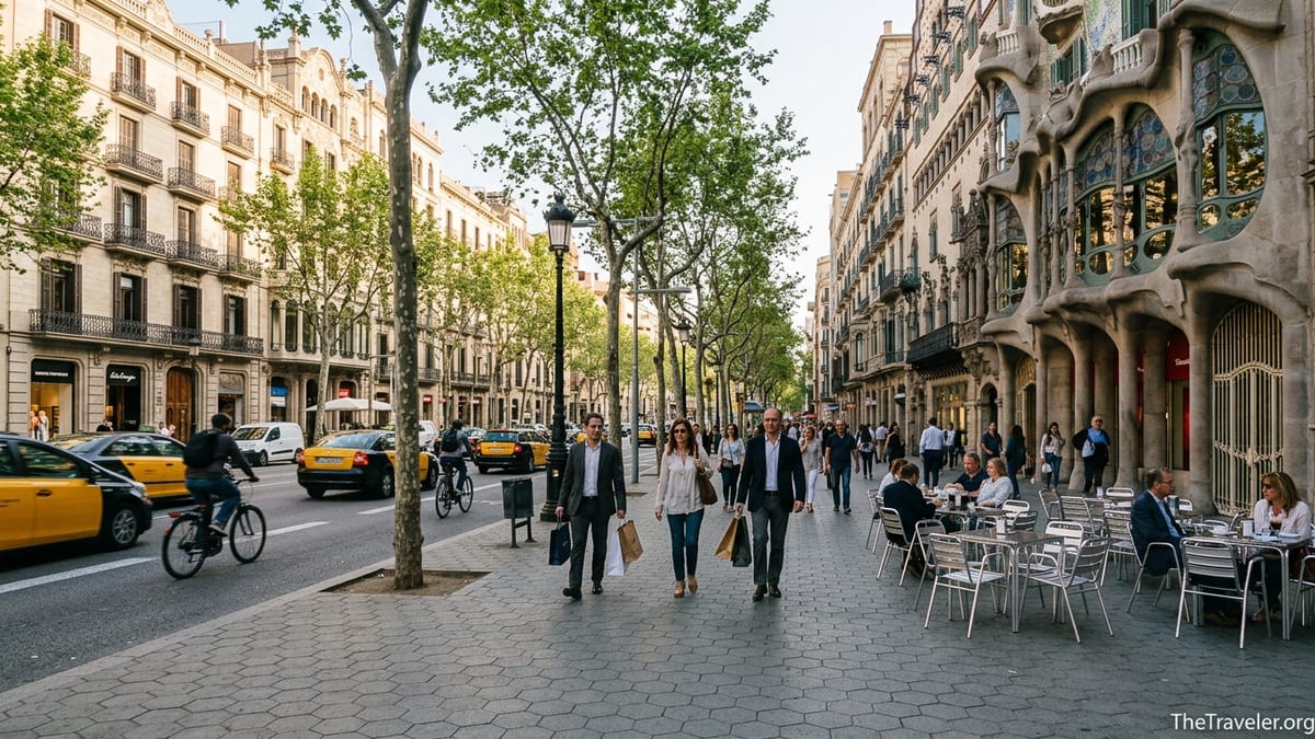 Street level view of Passeig de Gràcia with Casa Batlló, shoppers and cafes on a sunny afternoon in Barcelona.