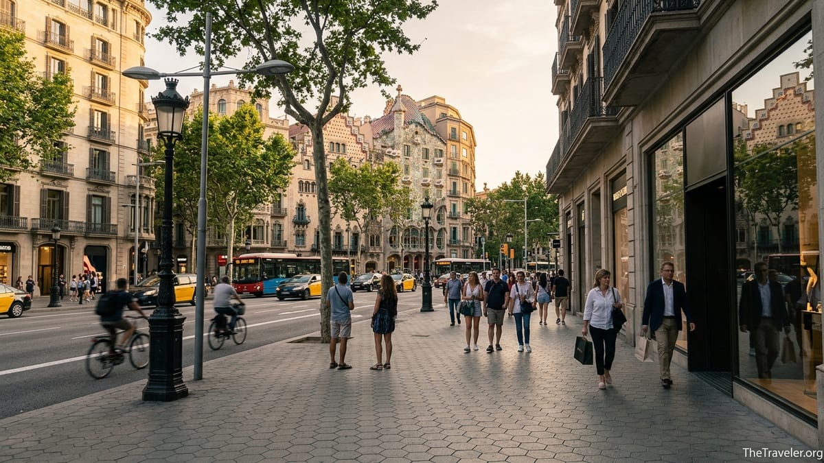 Late afternoon crowd walking along Passeig de Gràcia in Barcelona beneath modernist facades.