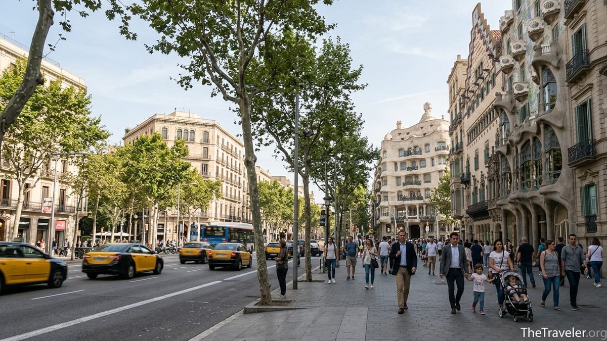 View along Passeig de Gràcia showing Casa Batlló, La Pedrera, traffic and pedestrians on a sunny day in Barcelona.