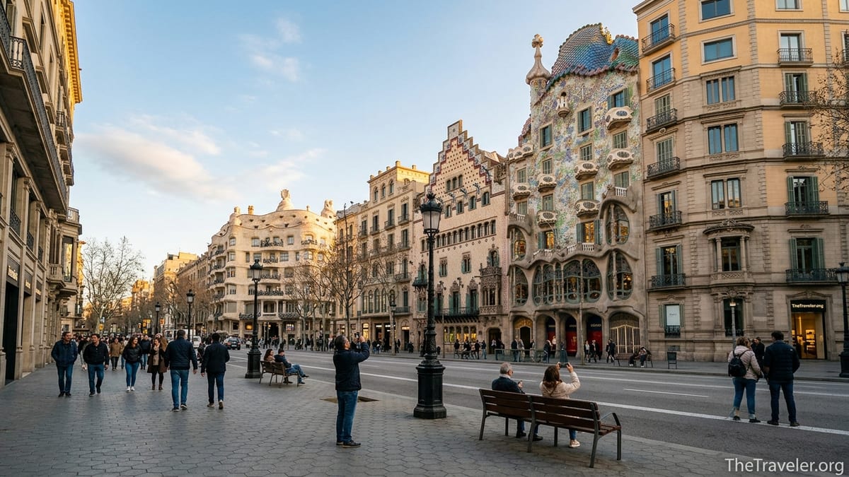 People walking along Passeig de Gràcia in Barcelona, looking up at Casa Batlló and surrounding facades.