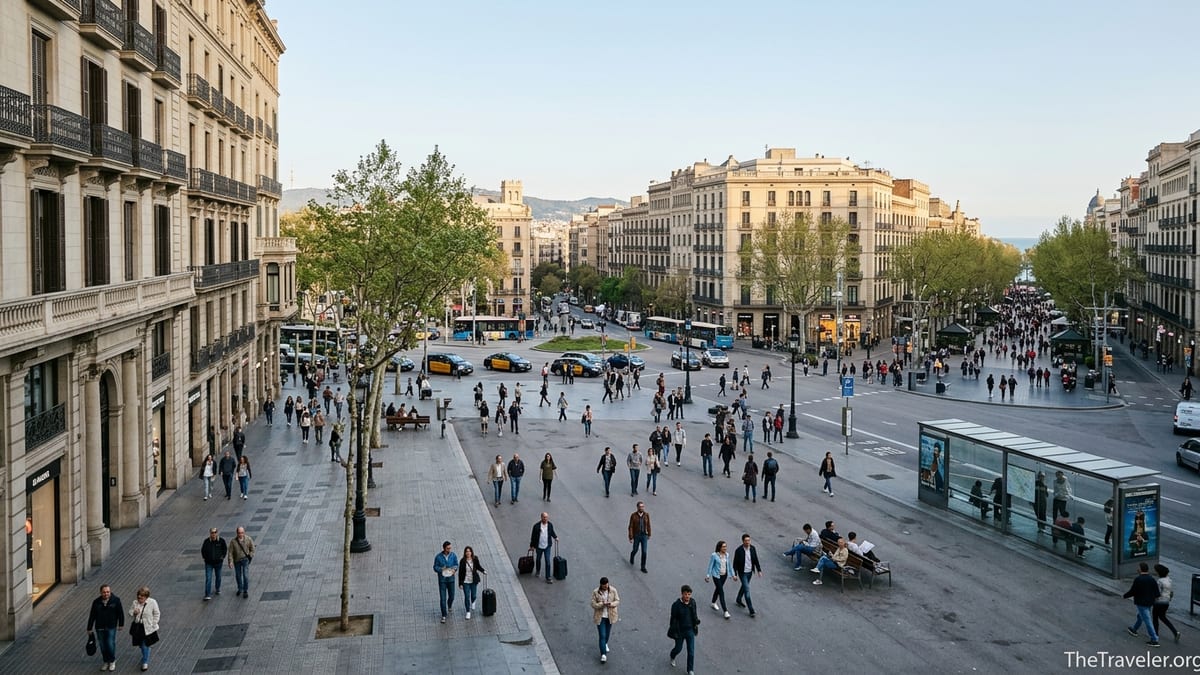 View over Plaça de Catalunya showing entrances to Passeig de Gràcia and La Rambla in Barcelona.