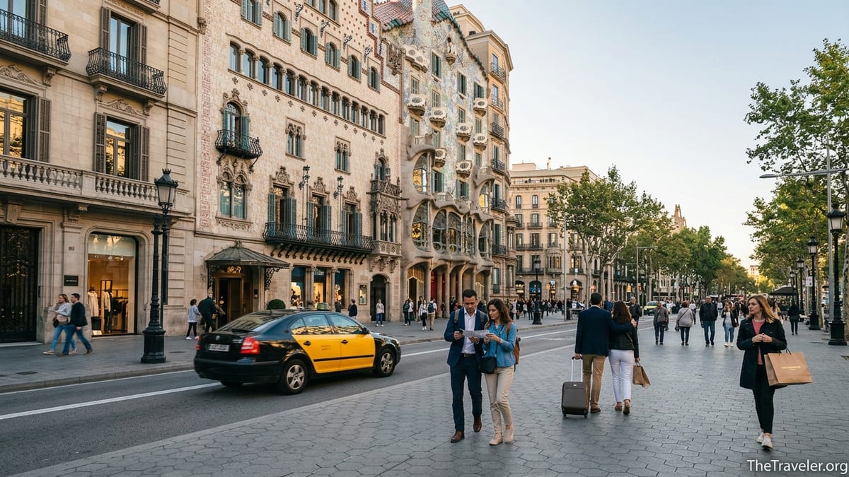 Late afternoon street scene on Passeig de Gràcia with Gaudí facades and pedestrians