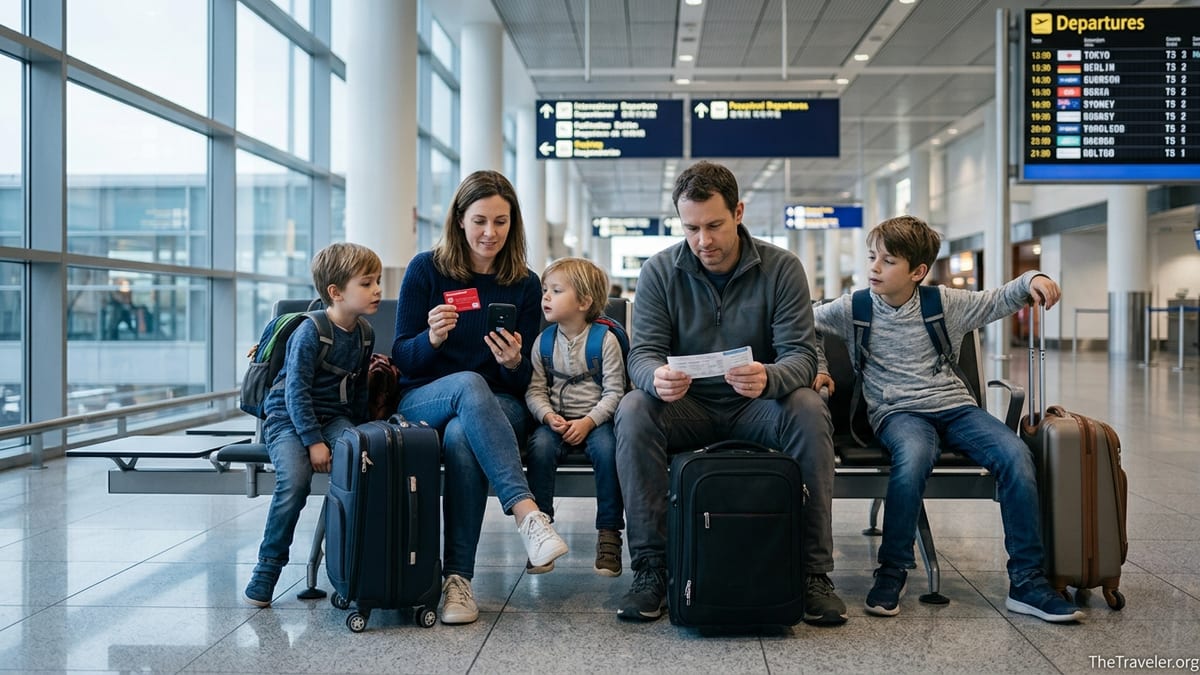 Family in an airport using a red travel insurance card before an international flight.