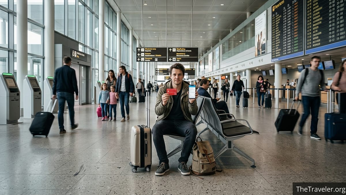 Traveler in a modern airport holding a red insurance card and phone with travel app open.