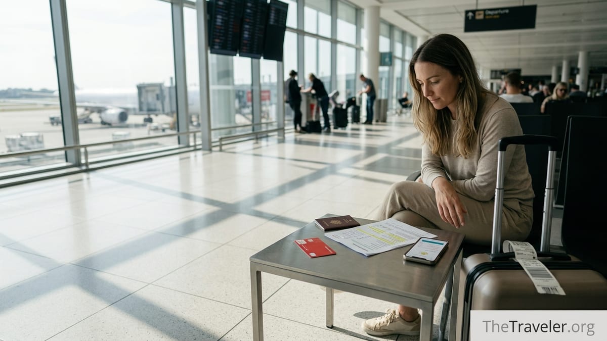 Traveler at airport table reviewing PassportCard travel insurance documents and card before departure.